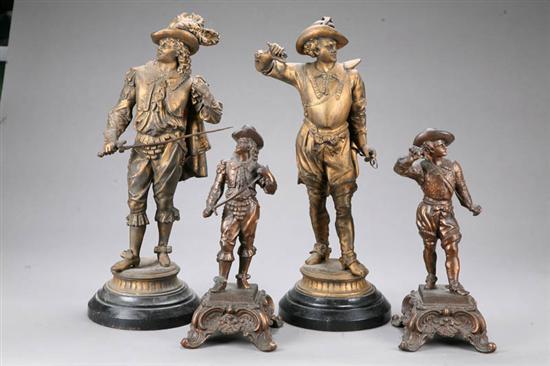 Appraisal: FOUR STATUES Spelter statues of muskateers with swords to h