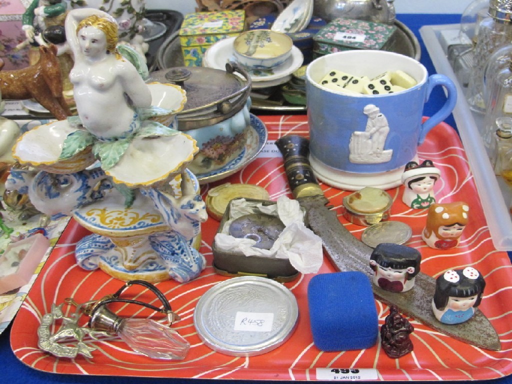 Appraisal: Mixed tray lot including tin glazed salt centrepiece dominoes watch