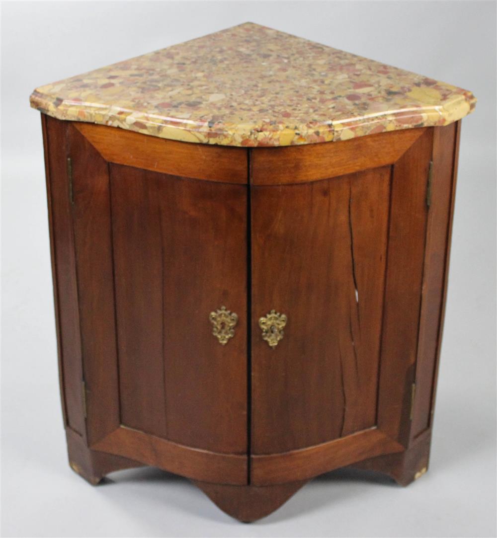 Appraisal: CONTINENTAL MARBLE TOP MAHOGANY CORNER CABINET mid- th Century the