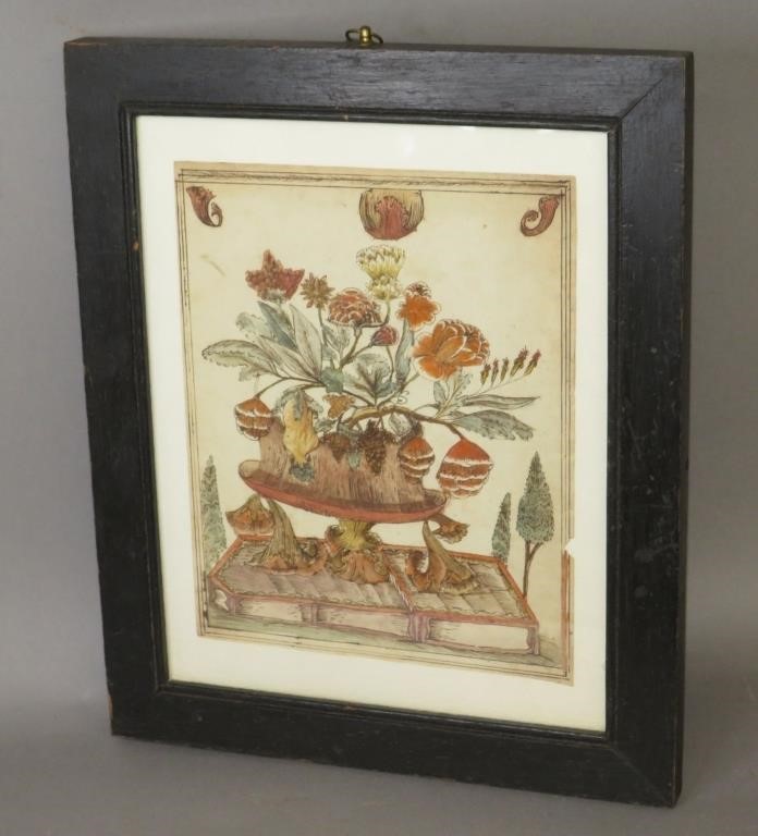 Appraisal: EARLY INK WATERCOLOR FLORAL STILL LIFEca early-mid th century fine