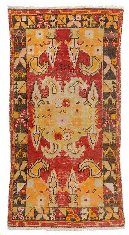 Appraisal: Oushak Rug Turkish dated signed Hasan red ground with mustard