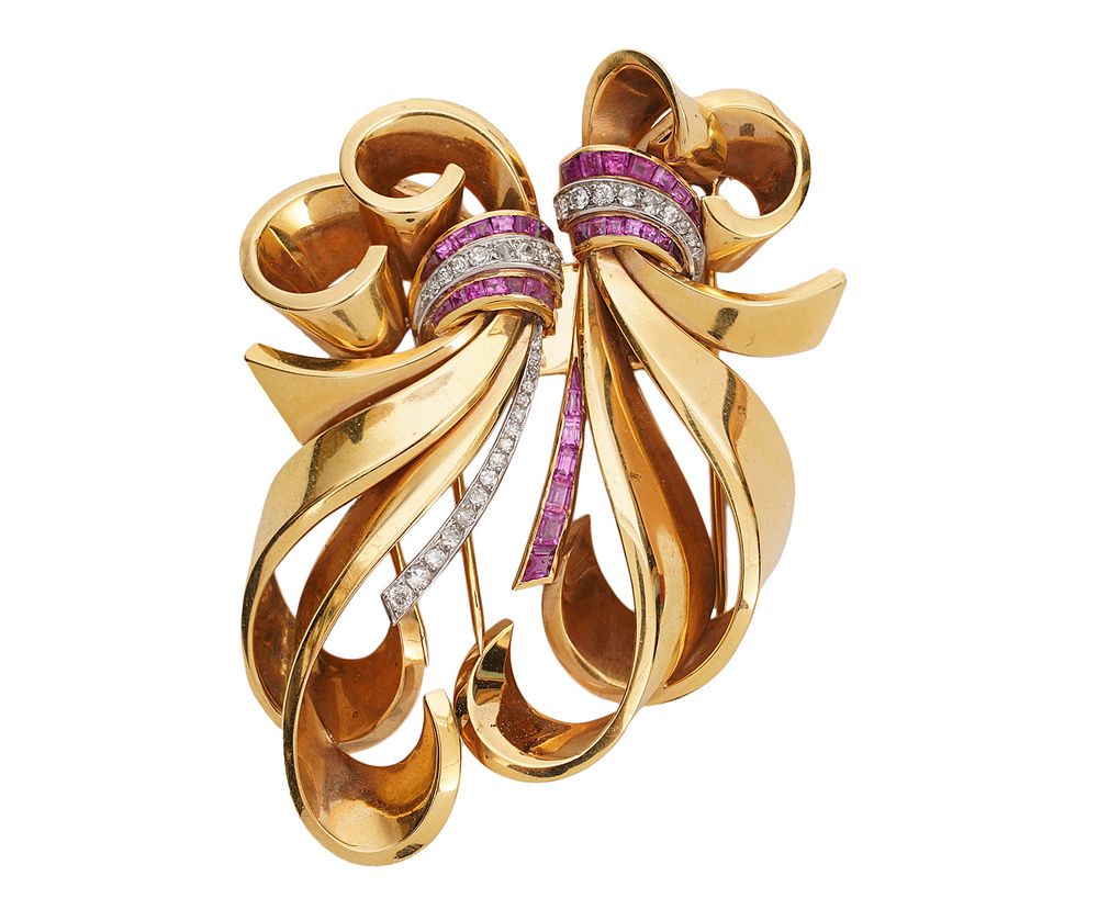 Appraisal: K Gold Diamond Ruby Dual Dress Clip-Brooch Antique French K