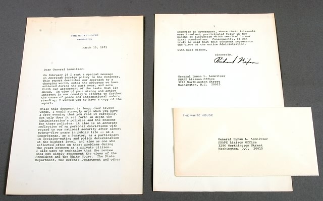 Appraisal: Letter to General Lemnitzer TLS PP on White House letterhead