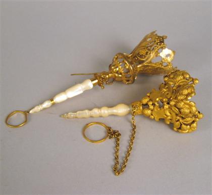 Appraisal: Two Continental gilt metal and mother of pearl handle posy