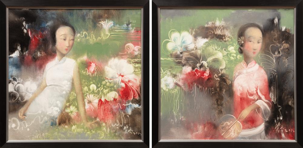 Appraisal: Wang Xiaojin Chinese b Beauty Surrounded by Flowers and Beauty