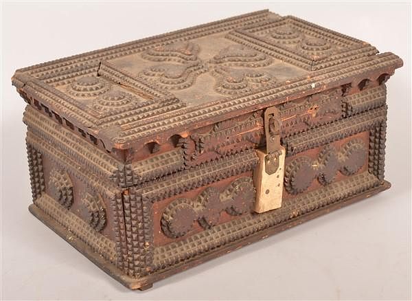 Appraisal: th Century Tramp Art Hinged Lid Box th Century Tramp