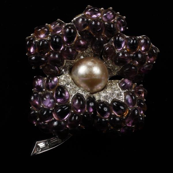 Appraisal: Boucher pave flower brooch pin with faux pearl amethyst colored