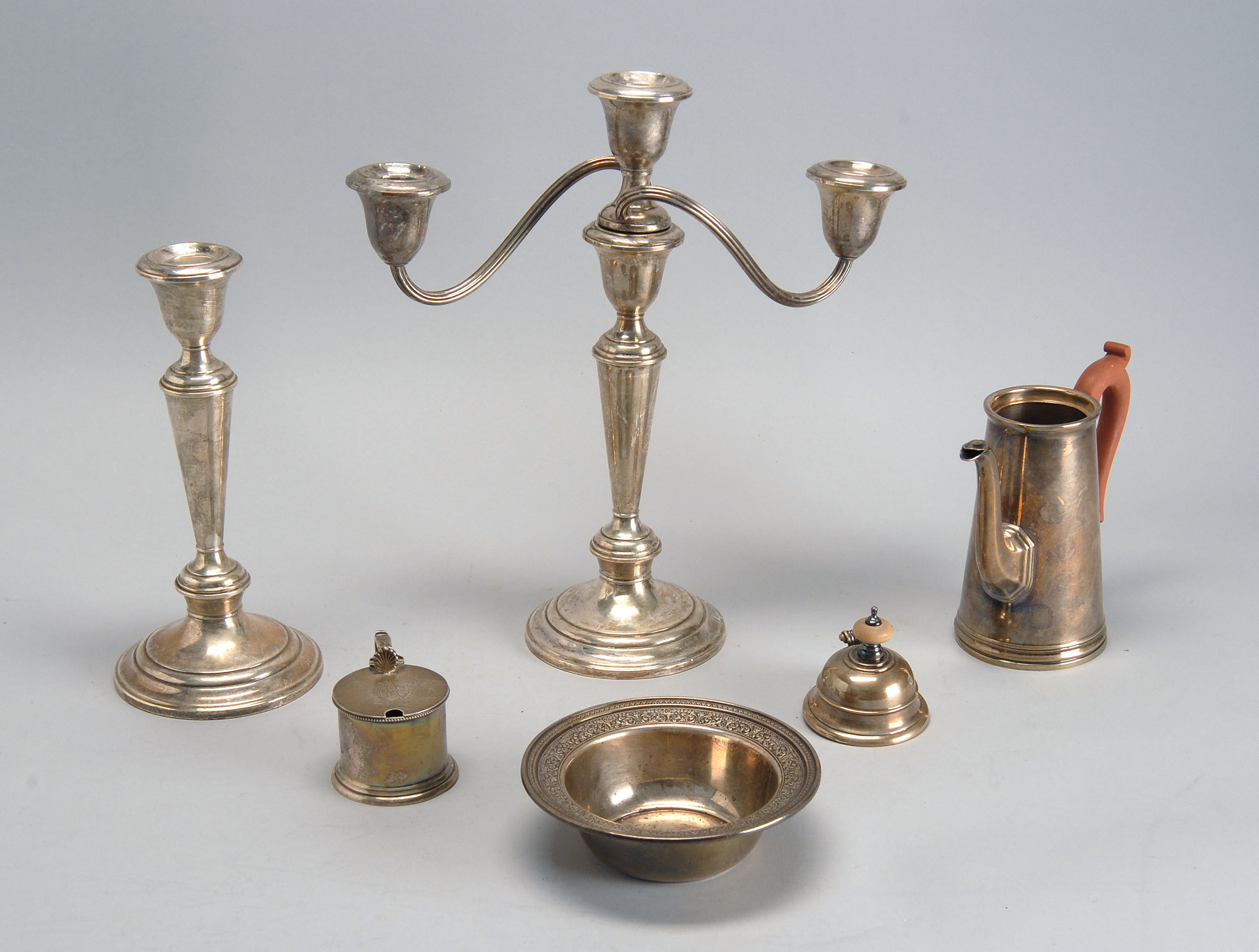 Appraisal: SIX ASSORTED SILVER ITEMS after dinner coffeepot mustard jar candy