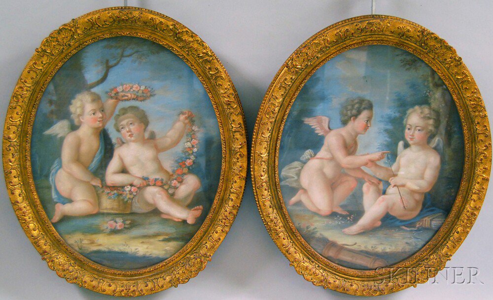 Appraisal: Continental School th Century Pair of Oval Framed Cupids Unsigned