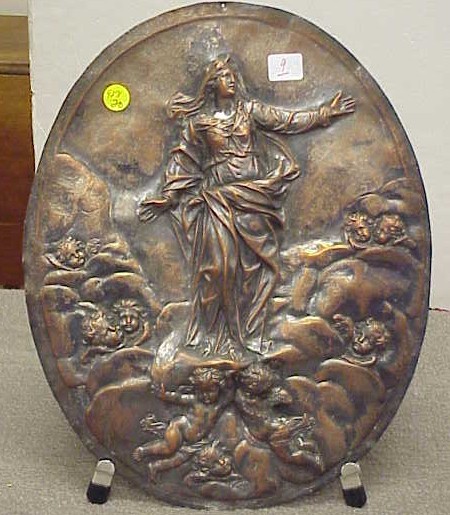 Appraisal: Copper repousse plaque x of a female saint in clouds