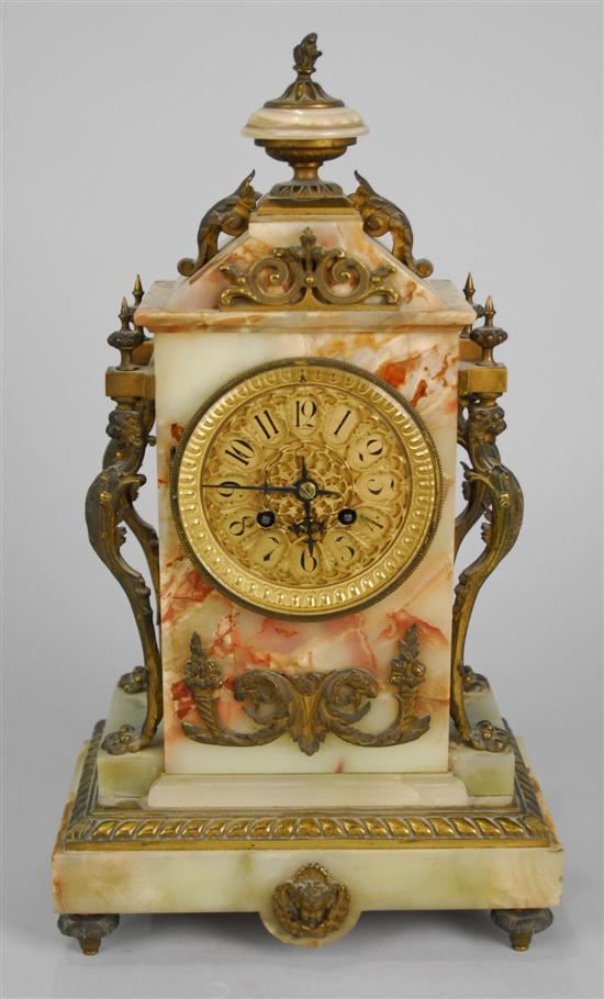 Appraisal: FRENCH ONYX AND BRONZE MOUNTED MANTLE CLOCK decorated with figures