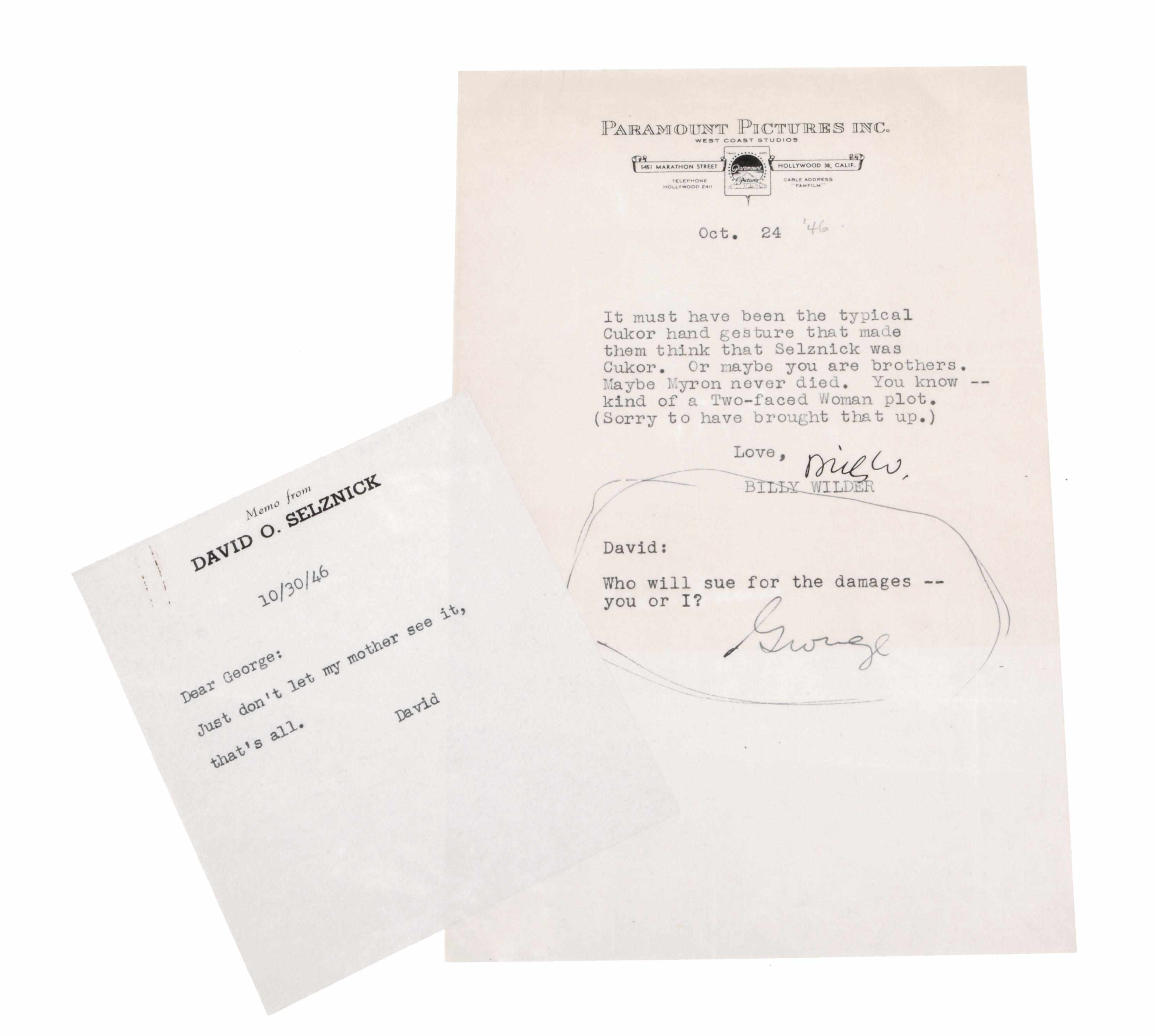 Appraisal: WILDER BILLY - Typed Note Signed ''Billy W '' p