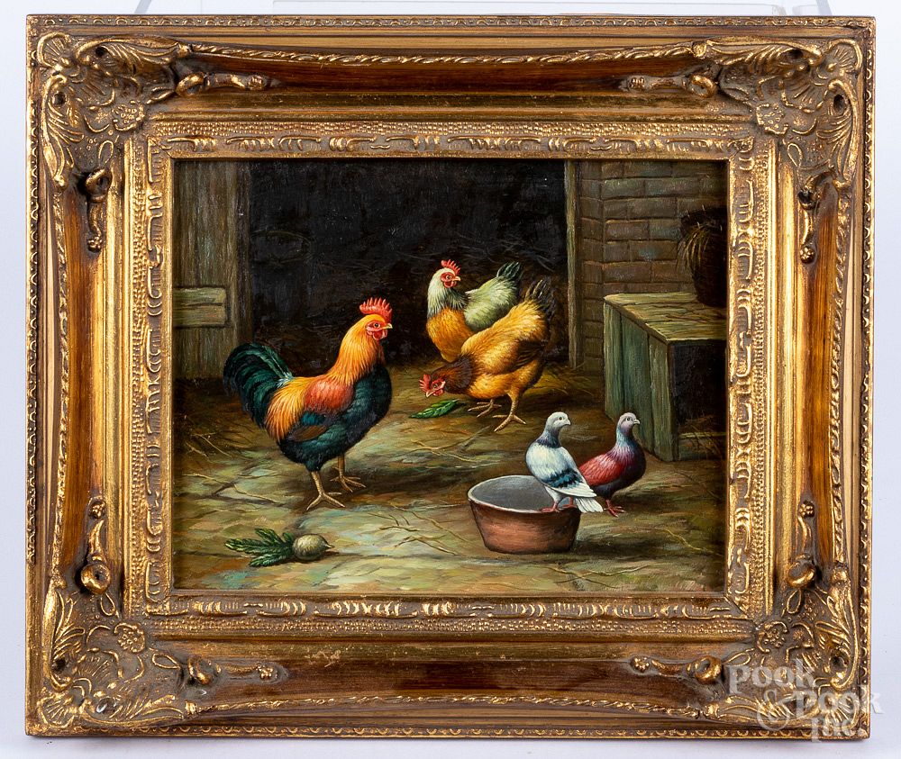 Appraisal: Two contemporary oils of kittens and chickens Two contemporary oils