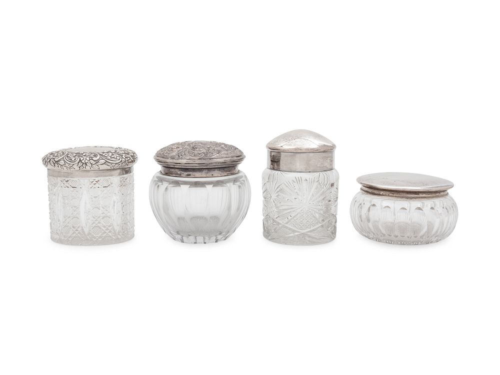 Appraisal: Four Silver Mounted Cut Glass Dresser Jars Four Silver Mounted