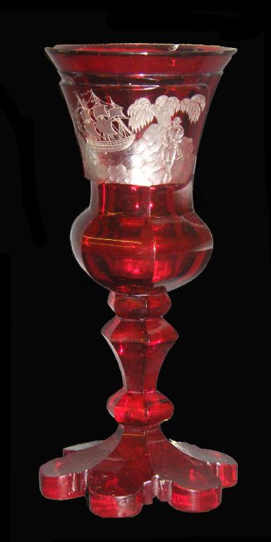 Appraisal: th century Bohemian glass ruby overlaid engraved goblet of Napoleonic