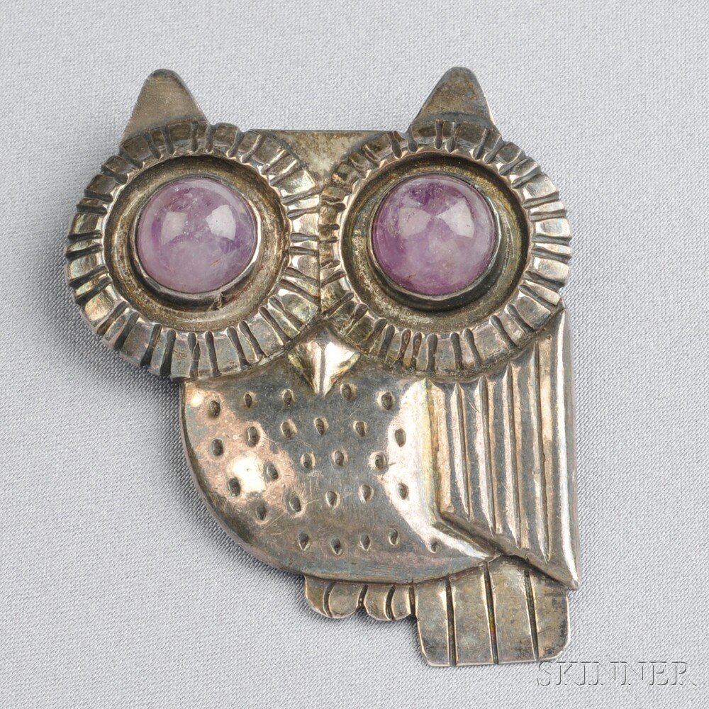 Appraisal: Silver and Amethyst Owl Brooch William Spratling with cabochon amethyst