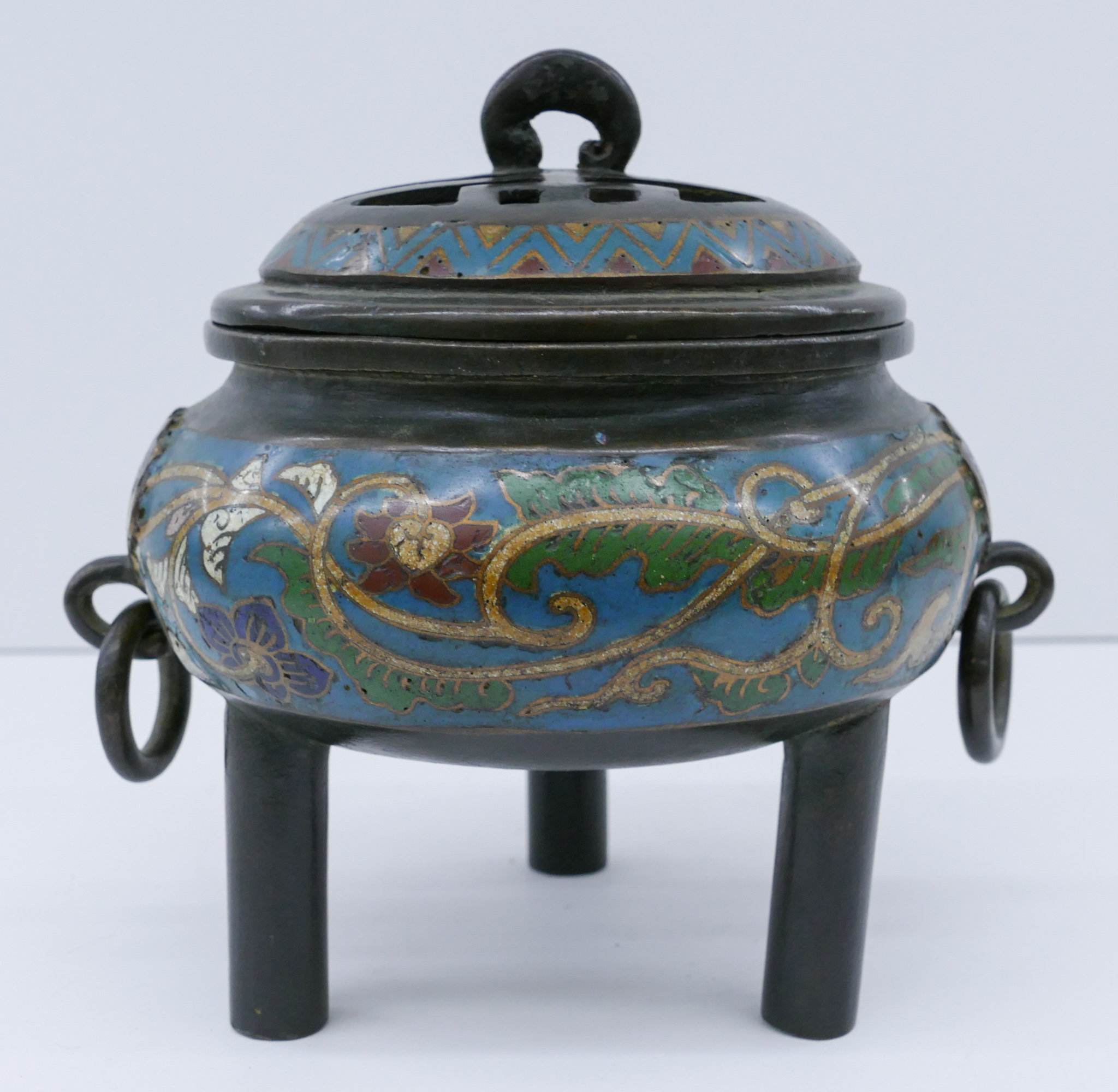 Appraisal: Japanese Meiji Champleve Bronze Censer ''x '' Polychrome enameled tripod