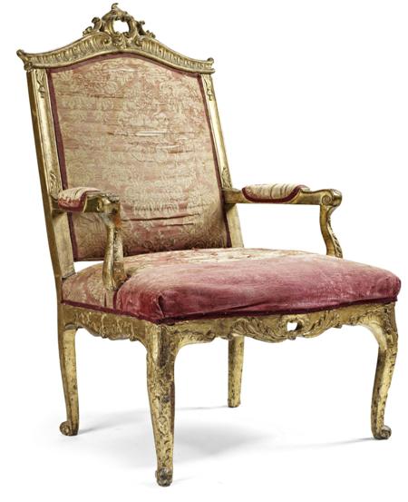 Appraisal: CONTINENTAL PARCEL GILT AND UPHOLSTERED ARMCHAIR TH CENTURY the arched