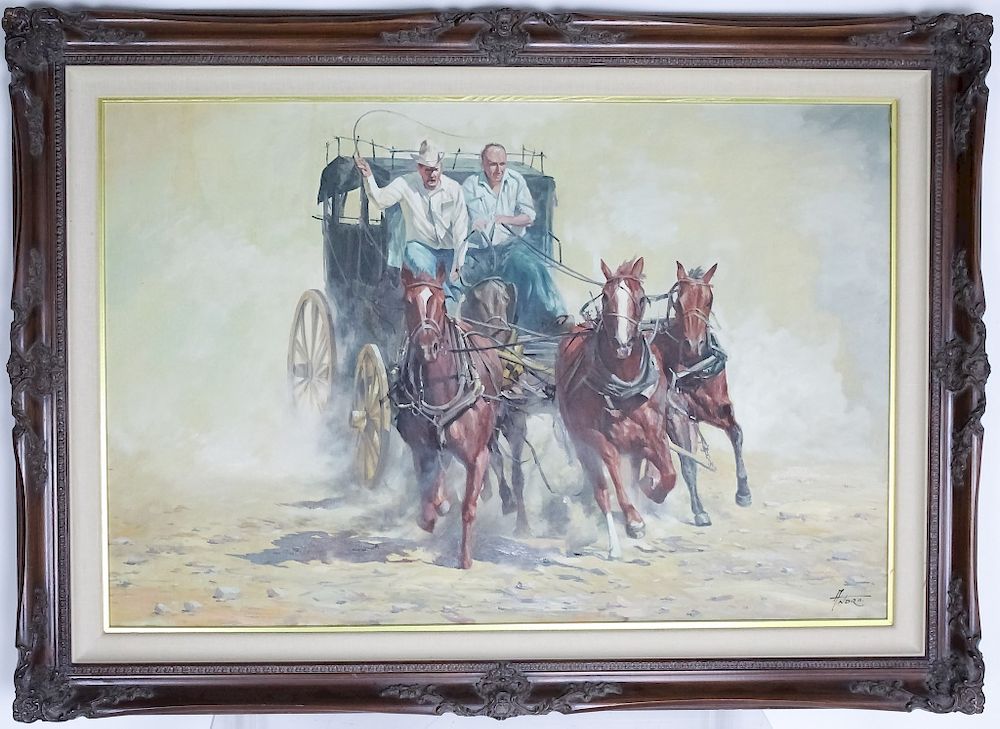 Appraisal: American Western Cowboy Horses Oil Painting SIGNED th Century American