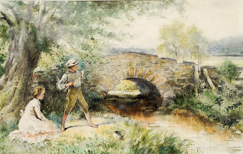 Appraisal: Percival De Luce - watercolor Young Boy Fishing with Girl