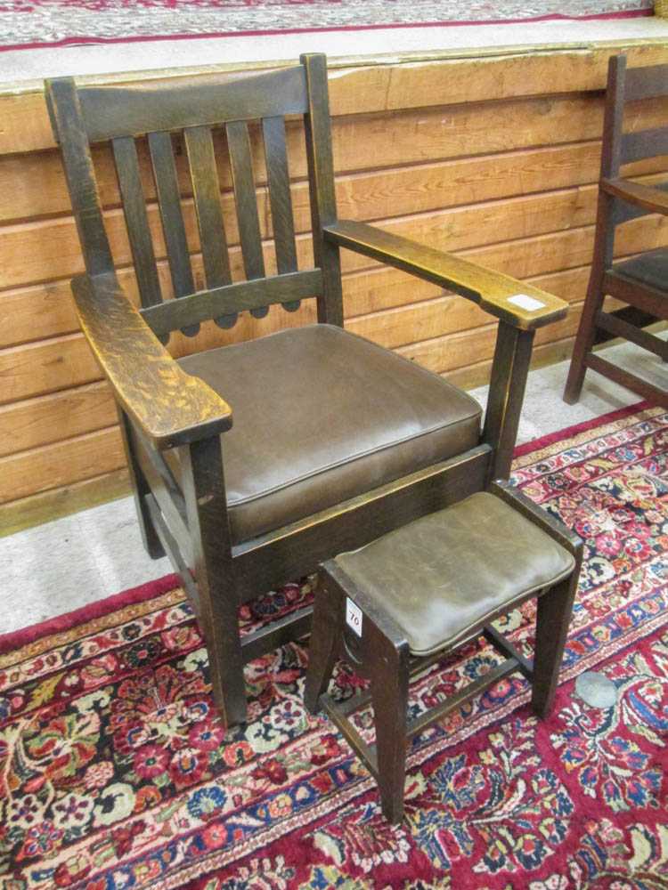 Appraisal: MISSION OAK ARMCHAIR AND STOOL Stickley Brothers armchair - five