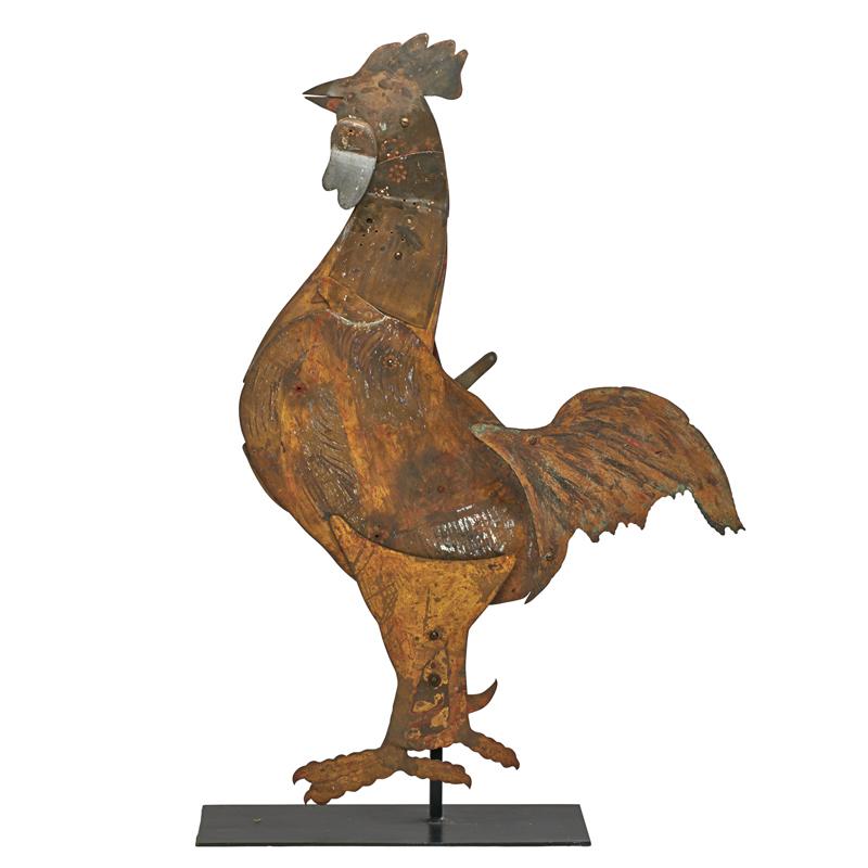 Appraisal: FOLK ROOSTER FIGURE Articulated metal rooster with mechanical parts early