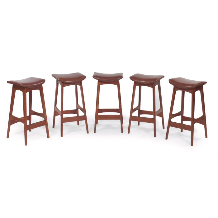 Appraisal: Danish Modern bar stools five teak original brown vinyl upholstery