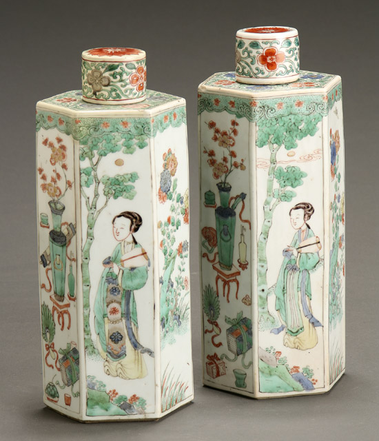 Appraisal: Pair of Chinese 'Famille Verte' Hexagonal Covered Jars th Century