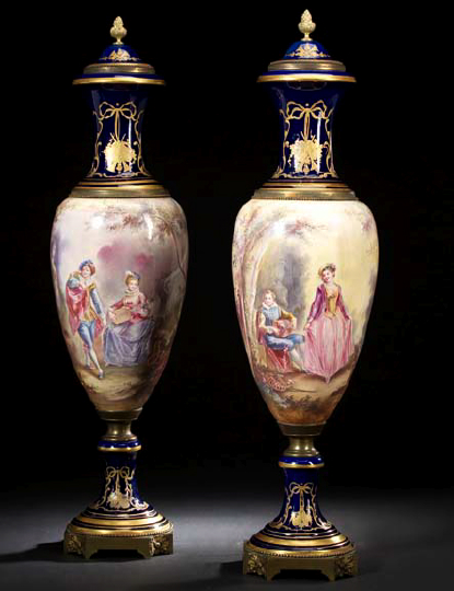 Appraisal: Large Pair of French Gilt-Brass-Mounted Porcelain Covered Vases of beau