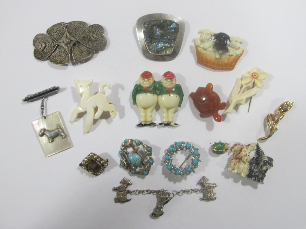 Appraisal: Lot of silver and costume brooches to include bakelite turtle