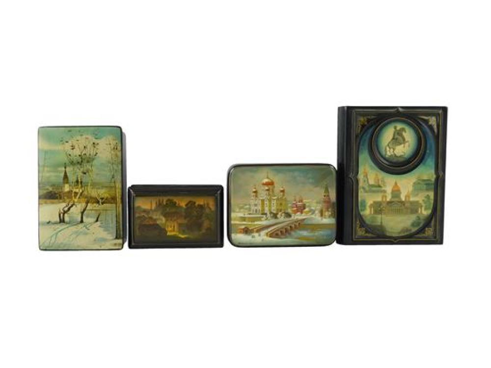 Appraisal: Russian hand-painted lacquer boxes four pieces cityscape themed including The