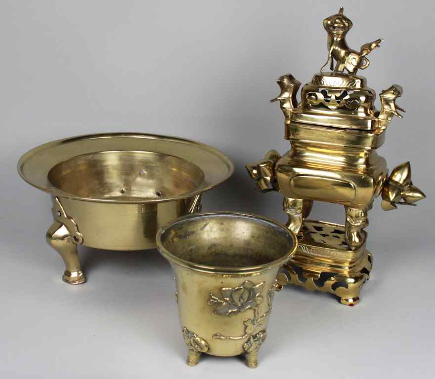 Appraisal: CHINESE BRONZE TRIPOD CENSER AND JARDINIERE AND JAPANESE BRONZE AND