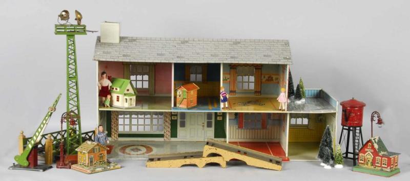 Appraisal: Metal Dollhouse Train Lot Description Includes fence lights watch tower