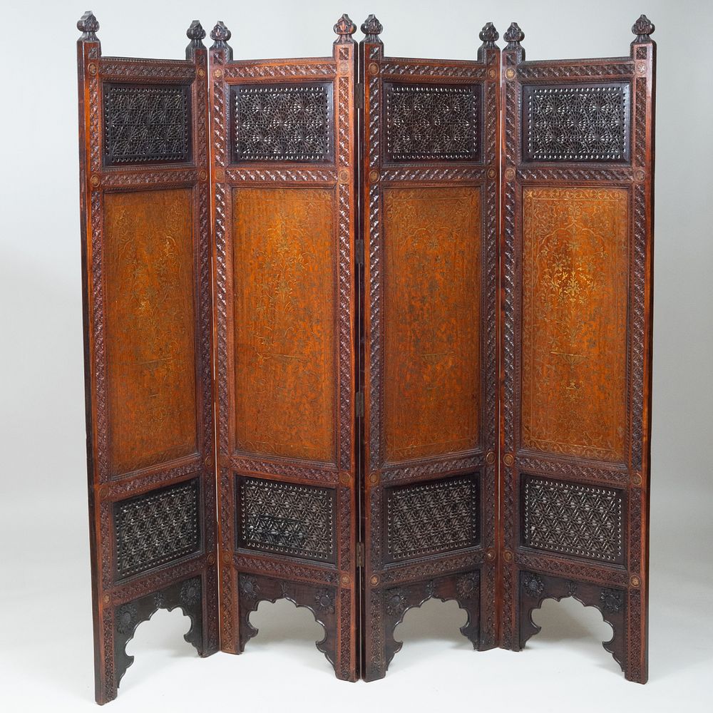 Appraisal: Indian Brass Inlaid Carved Hardwood Four Panel Screen ft in