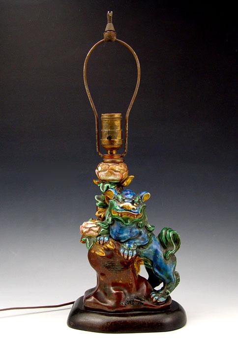 Appraisal: POLYCHROME CHINESE CERAMIC FOO DOG LAMP Turn of the century