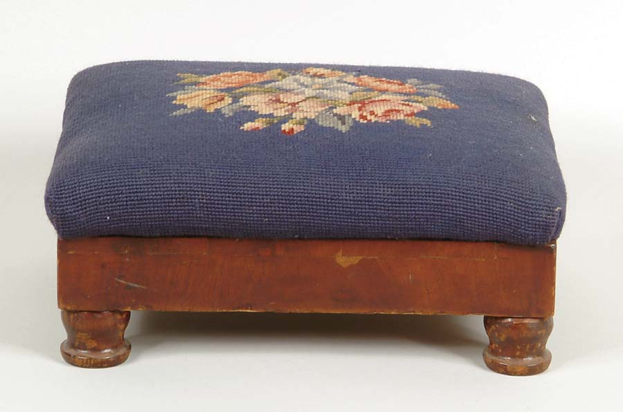 Appraisal: NEEDLEWORK MAHOGANY FOOTSTOOL Blue top with spray of roses Small