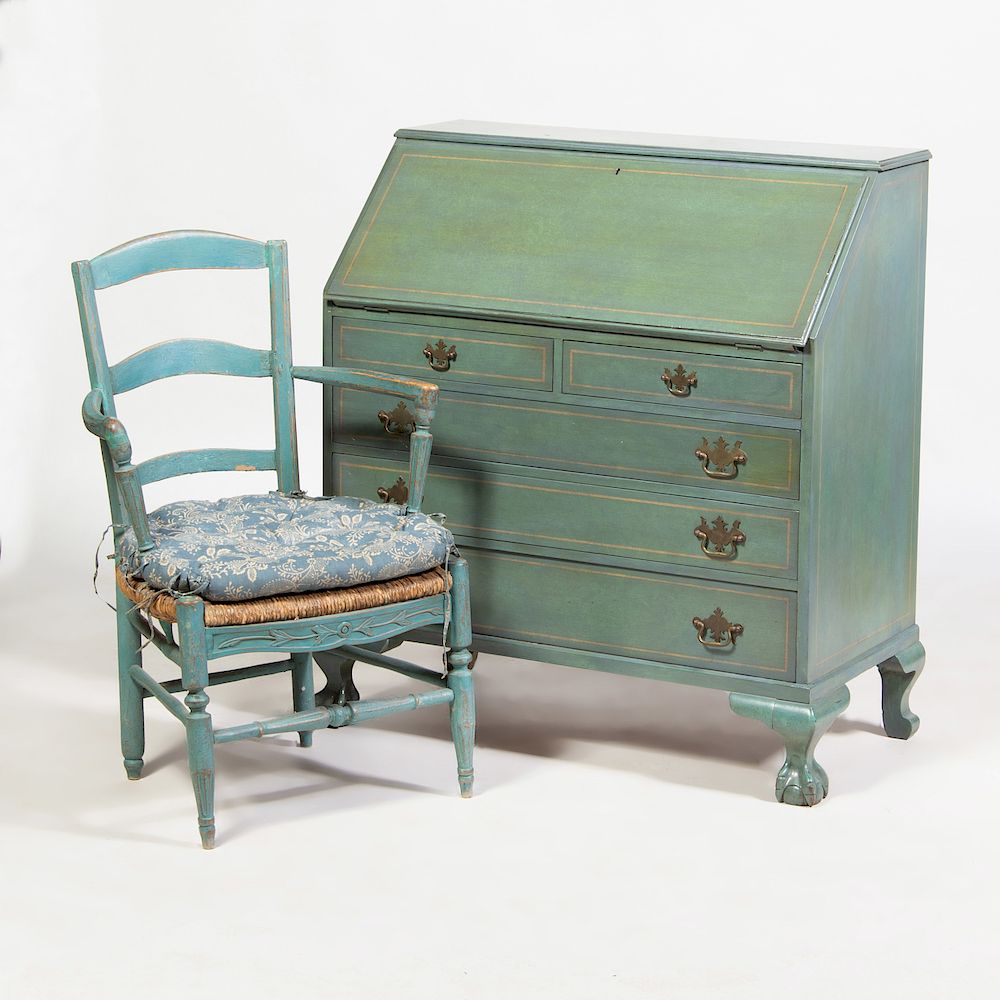 Appraisal: Chippendale Style Green Painted Slant-Front Desk Together with a green