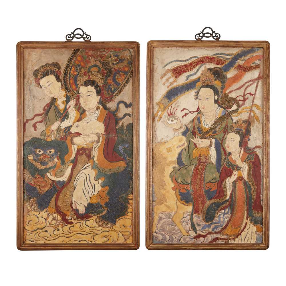 Appraisal: PAIR OF STUCCO FRESCO PANELS WITH FEMALE DEITIES MING DYNASTY