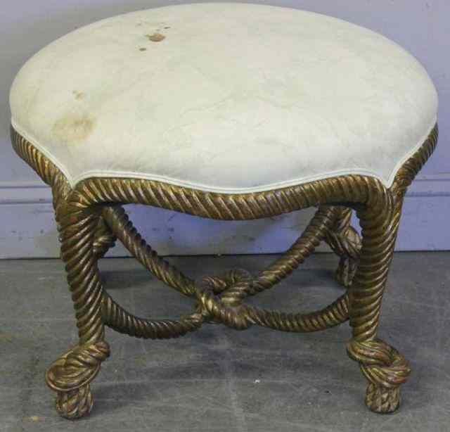 Appraisal: Gilt Wood Tassel Form Upholstered Ottoman A nice decorative item