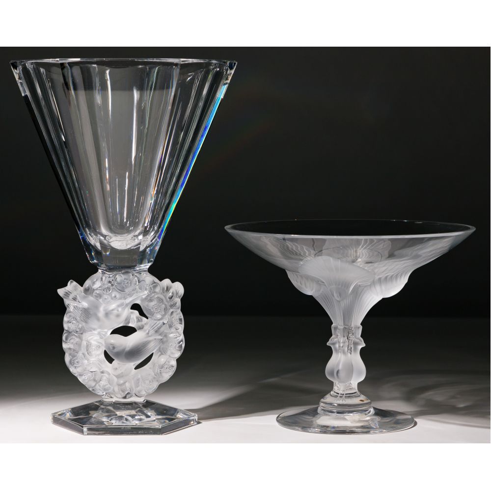 Appraisal: LALIQUE CRYSTAL MESANGE VASE AND VIRGINIA PEACOCKS COMPOTE items including