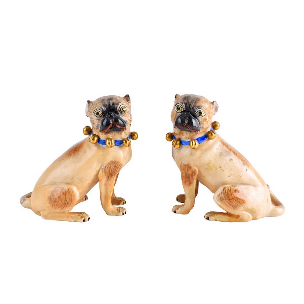 Appraisal: Pair of Dresden Porcelain Pug Dog Figurines Pair of Dresden