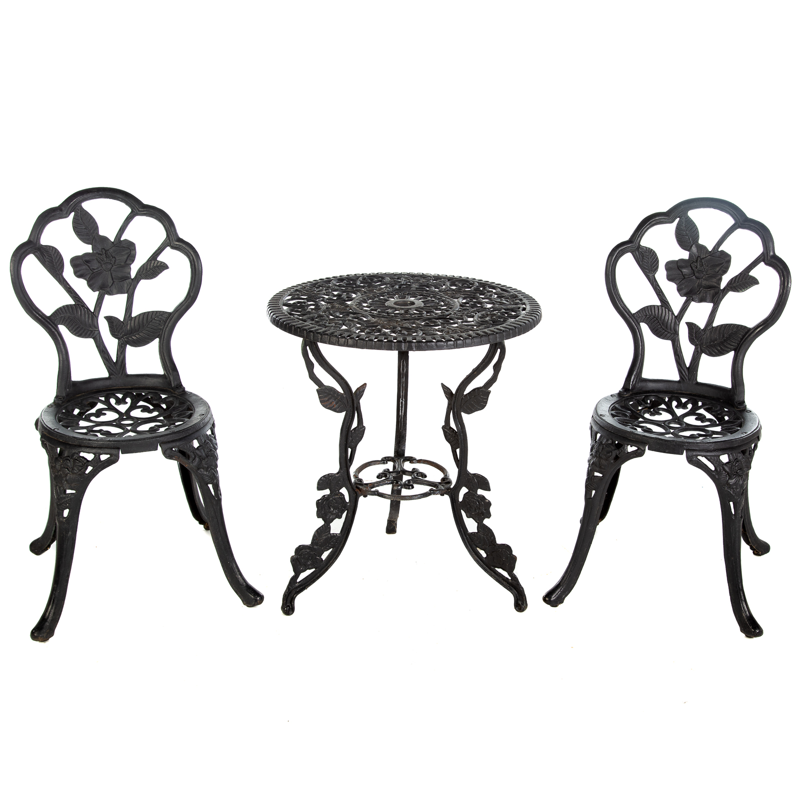 Appraisal: BLACK CAST IRON THREE PIECES PATIO SUITE Includes circular table