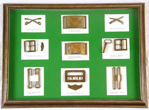 Appraisal: FRAMED COLLECTION OF INDIAN WARS BELTPLATES HARDWARE To include Eagle