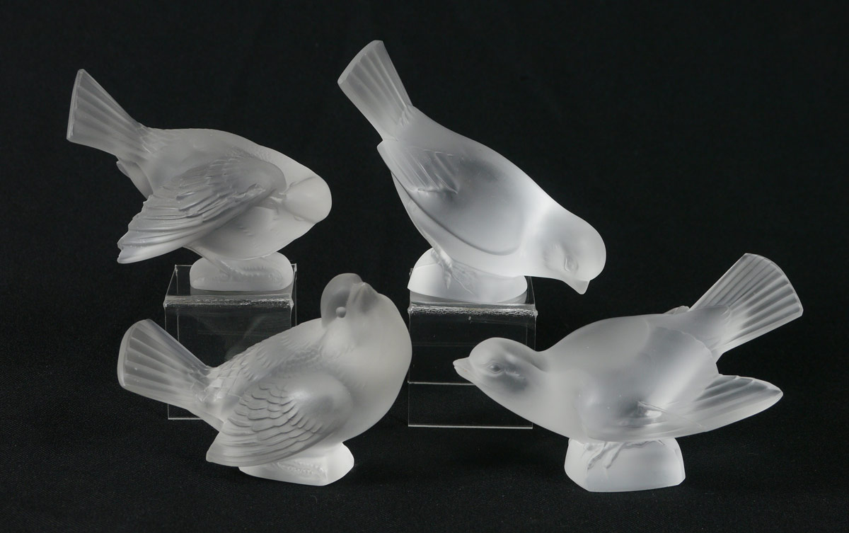 Appraisal: FOUR LALIQUE FRENCH CRYSTAL SPARROWS Each in a separate position