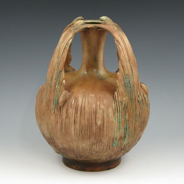 Appraisal: Amphora four-handled vase with cattails Marked with a script logo