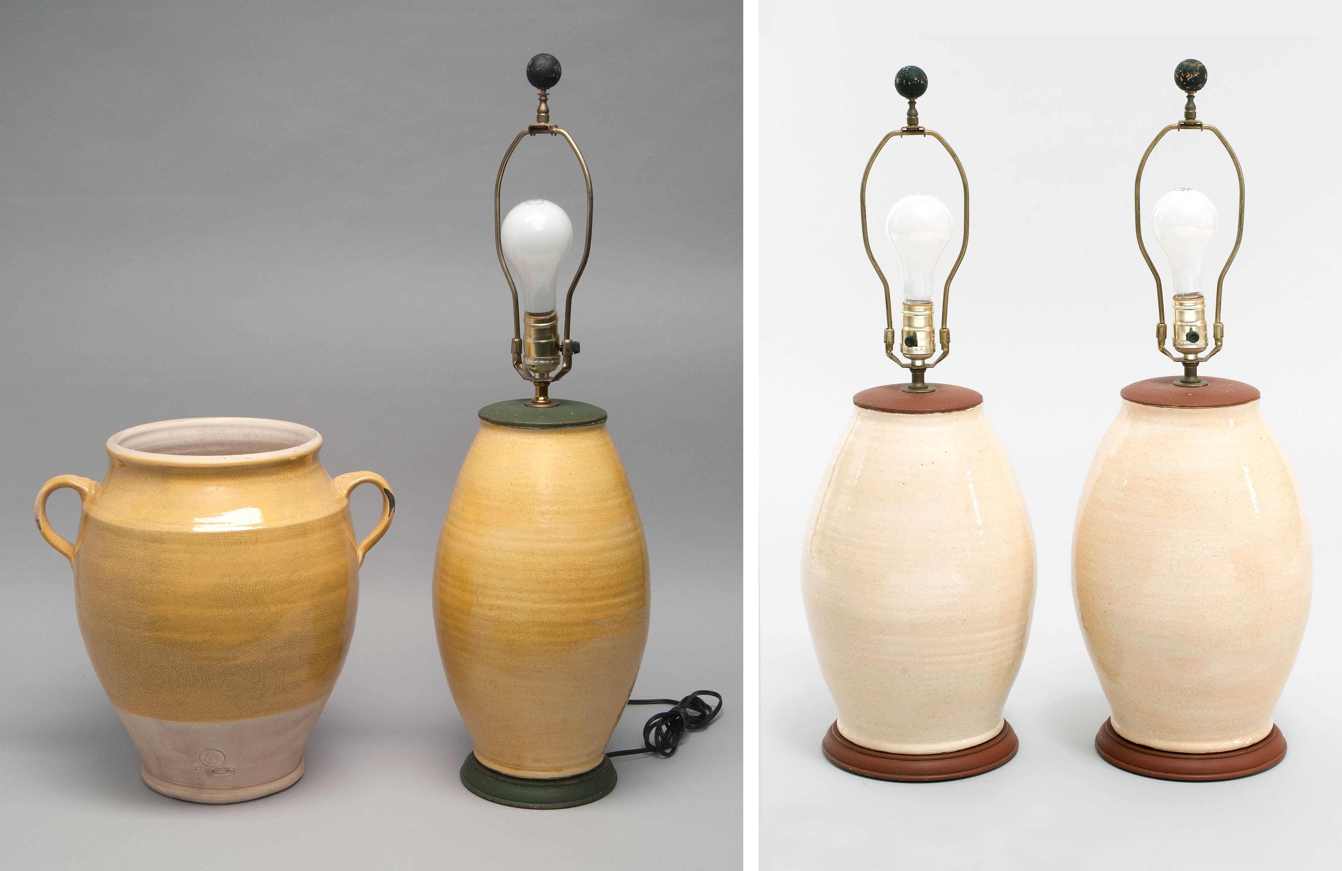 Appraisal: FOUR PIECES OF CONTEMPORARY EARTHENWARE two table lamps in a