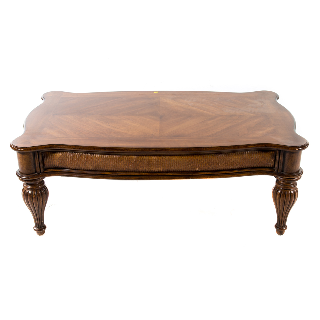 Appraisal: Contemporary stained wood and caned coffee table with parquetry style