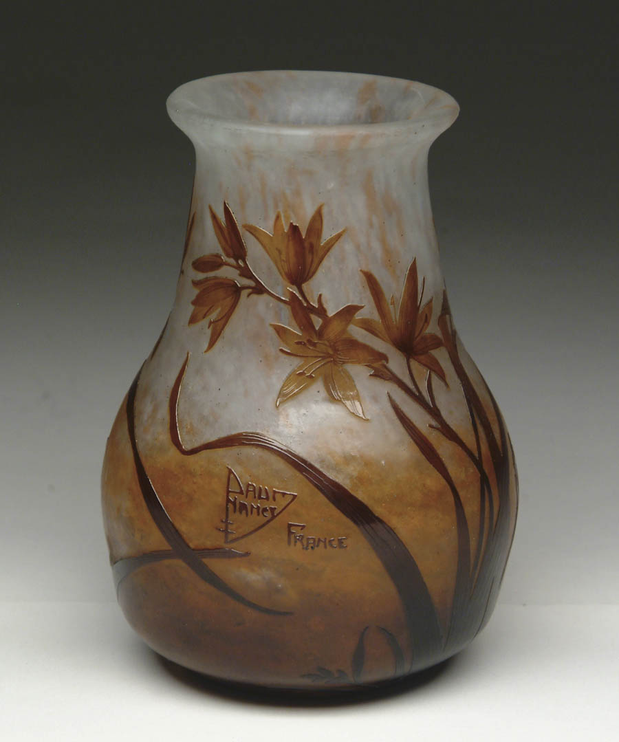 Appraisal: DAUM FRENCH CAMEO VASE Acid-etched brown floral decoration on frosted