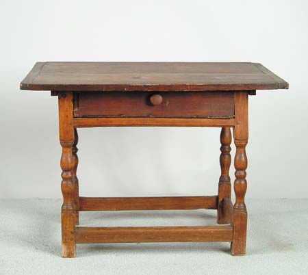 Appraisal: ONE DRAWER TAVERN TABLE Breadboard end two board top turned