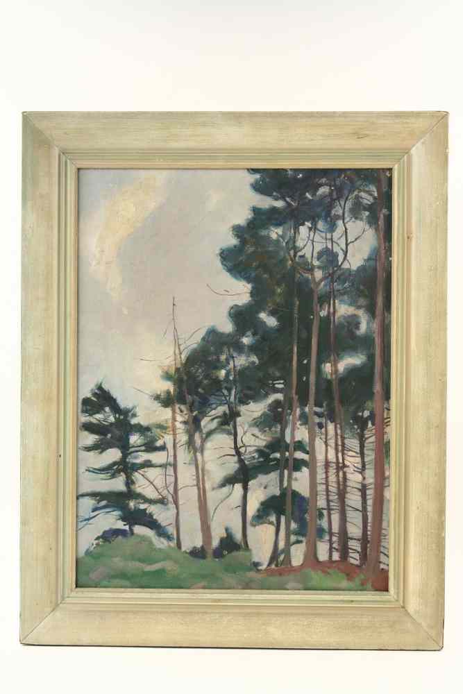 Appraisal: OOB- Forest scene with pines silhouetted against sky a rapid